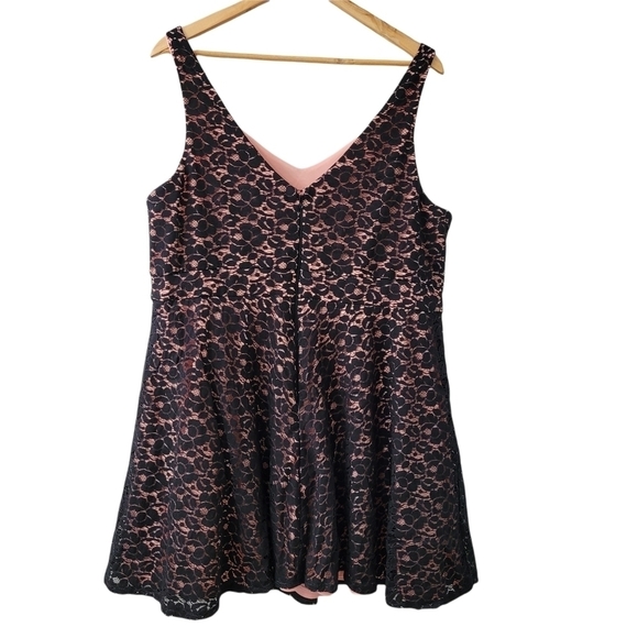 Pink Black Lace Overlay Mini Dress Fit & Flare Sz 16 - Picture 3 of 14